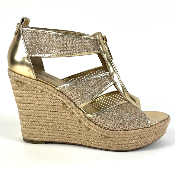 Michael Kors Damita Gold Glitter Metallic Caged Espadrille Platform Wedges - Picture 4 of 8